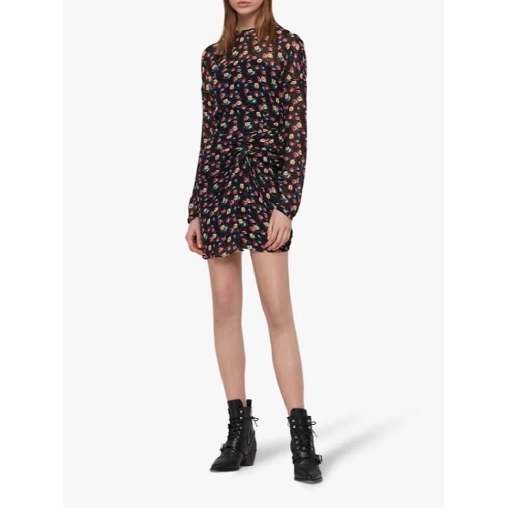 All Saints Allsaints Floral Rylie Kukio Shirred Long Sleeve Mini Dress EUC Sz 4 - Picture 4 of 12